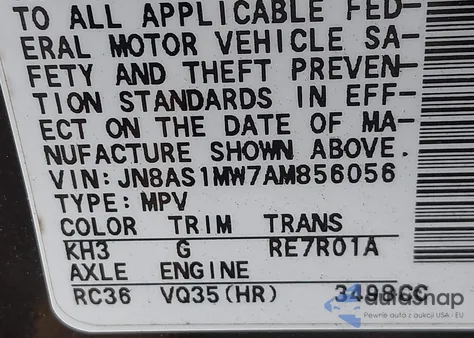 2010 Infiniti Fx35 from USA, damaged, VIN JN8AS1MW7AM856056
